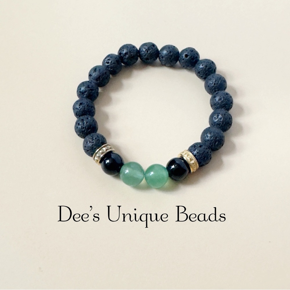 Handmade Lava Rock, Black and Green Beaded Gemstone Bracelet